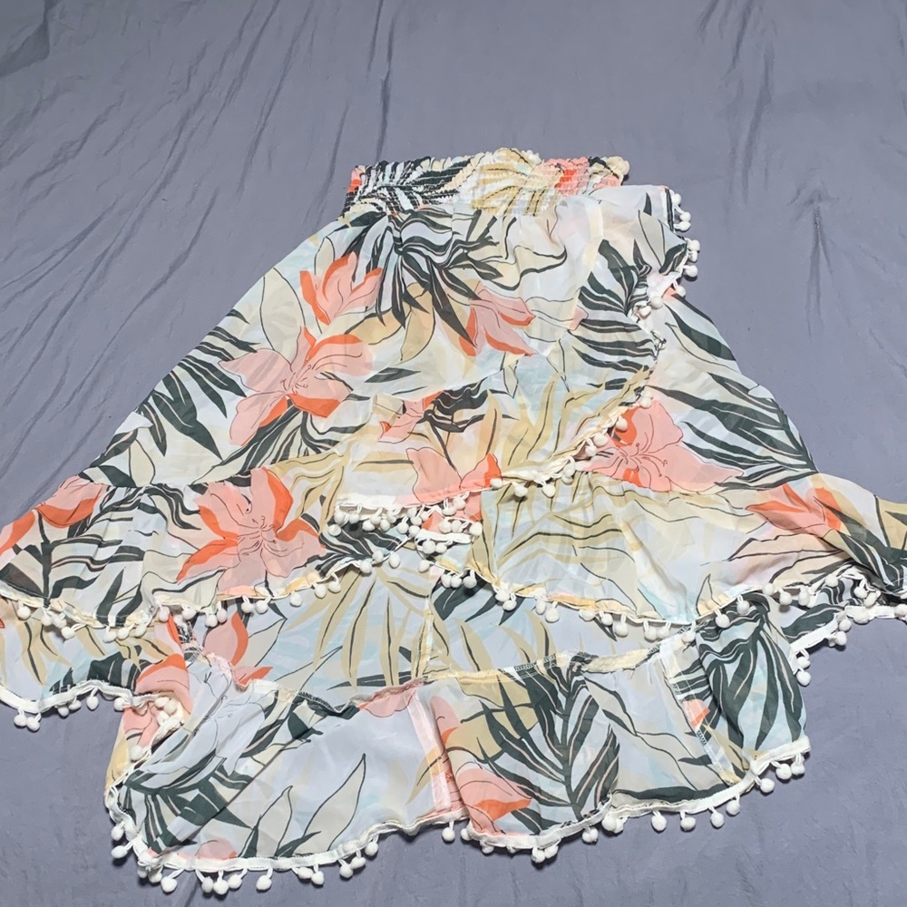 Floral Maxi Skirt with Pom Pom Trim